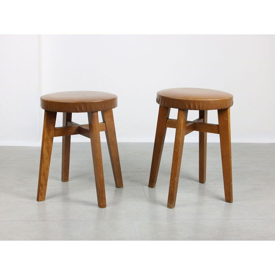 Image 1 of Pair of mid-century brown leatherette stools