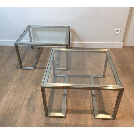 Image 1 of Pair of vintage brushed steel sofa ends, France 1970