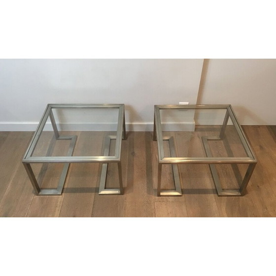 Image 1 of Pair of vintage brushed steel sofa ends, France 1970
