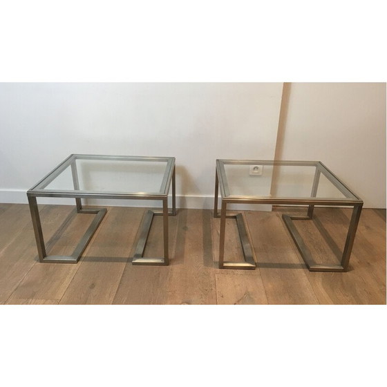 Image 1 of Pair of vintage brushed steel sofa ends, France 1970