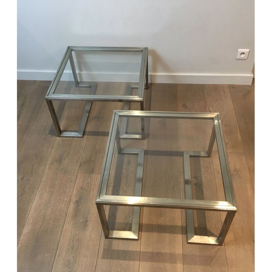 Image 1 of Pair of vintage brushed steel sofa ends, France 1970