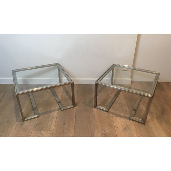 Image 1 of Pair of vintage brushed steel sofa ends, France 1970