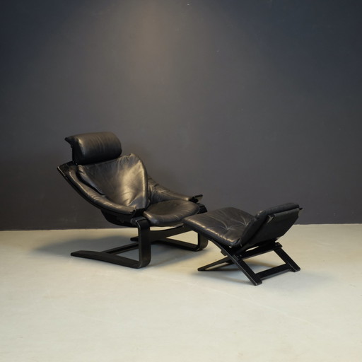 Chaise longue Kroken en cuir noir et ottoman par Åke Fribytter pour Nelo Möbel, 1970