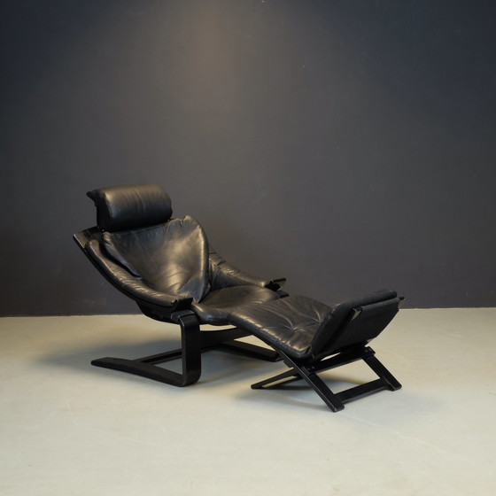 Image 1 of Chaise longue Kroken en cuir noir et ottoman par Åke Fribytter pour Nelo Möbel, 1970