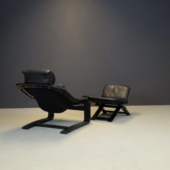 Image 1 of Chaise longue Kroken en cuir noir et ottoman par Åke Fribytter pour Nelo Möbel, 1970