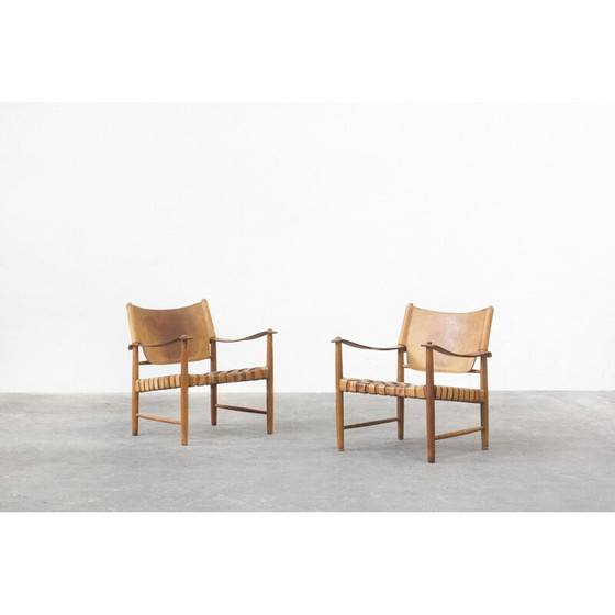 Image 1 of Pair of Safari leather lounge chairs by Hans J. Wegner, Germany 1950s