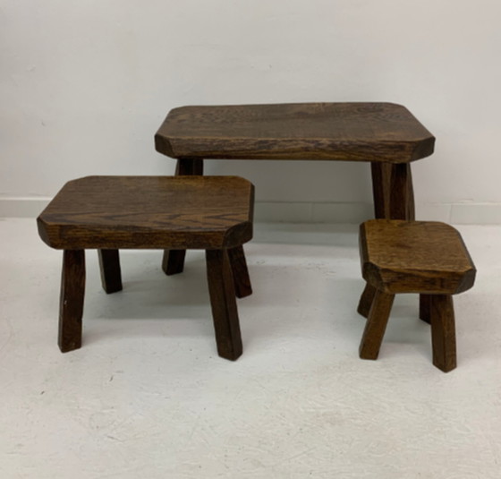 Ensemble de 3 tables gigognes brutalistes en bois de chêne, années 1970 – Tables basses, Wood, Vintage (photo 7 of 10)