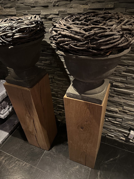 Image 1 of 2x Wooden Column Solid Incl French Vases