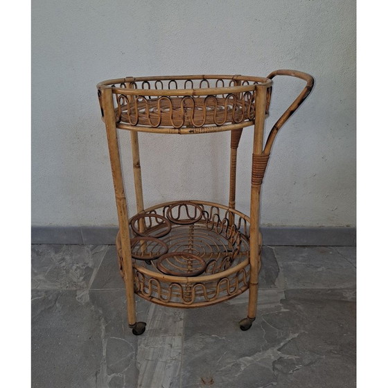 Image 1 of Mid-century Italian bamboo and rattan round bar trolley, 1960s