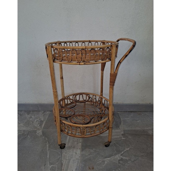 Image 1 of Mid-century Italian bamboo and rattan round bar trolley, 1960s