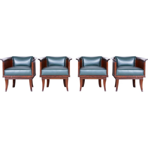 Set of 4 vintage oak and leather armchairs, Czechoslovakia 1920