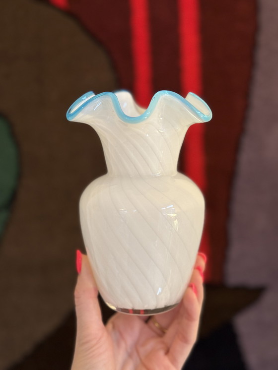 Image 1 of Vintage Murano Style Vase White Glass Blue Rim 60S 70S