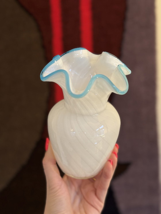 Image 1 of Vintage Murano Style Vase White Glass Blue Rim 60S 70S