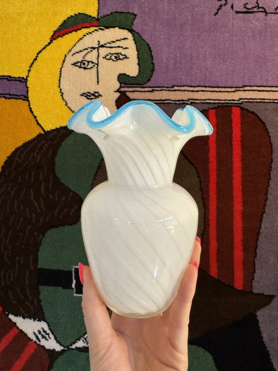 Image 1 of Vintage Murano Style Vase White Glass Blue Rim 60S 70S