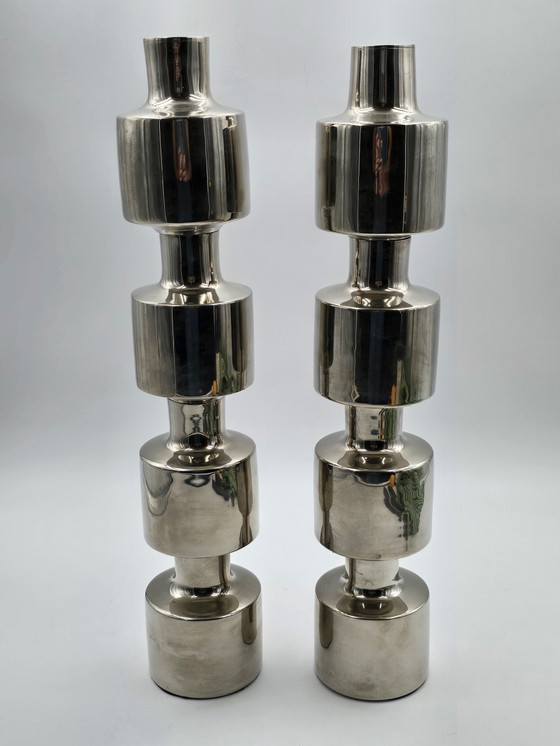 Image 1 of Couple Large Design Stainless Steel Industrial Candlesticks