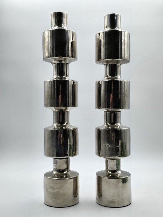 Image 1 of Couple Large Design Stainless Steel Industrial Candlesticks