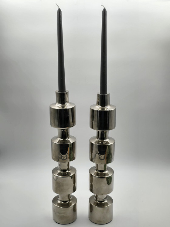 Image 1 of Couple Large Design Stainless Steel Industrial Candlesticks