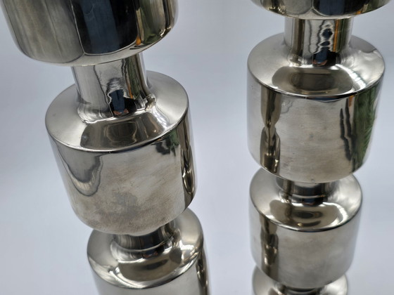 Image 1 of Couple Large Design Stainless Steel Industrial Candlesticks