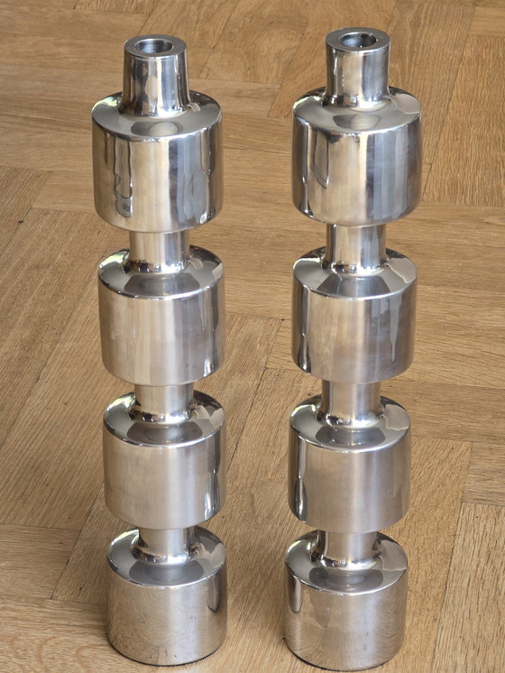 Image 1 of Couple Large Design Stainless Steel Industrial Candlesticks