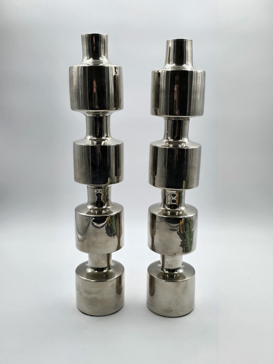 Image 1 of Couple Large Design Stainless Steel Industrial Candlesticks