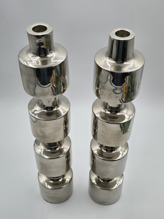 Image 1 of Couple Large Design Stainless Steel Industrial Candlesticks