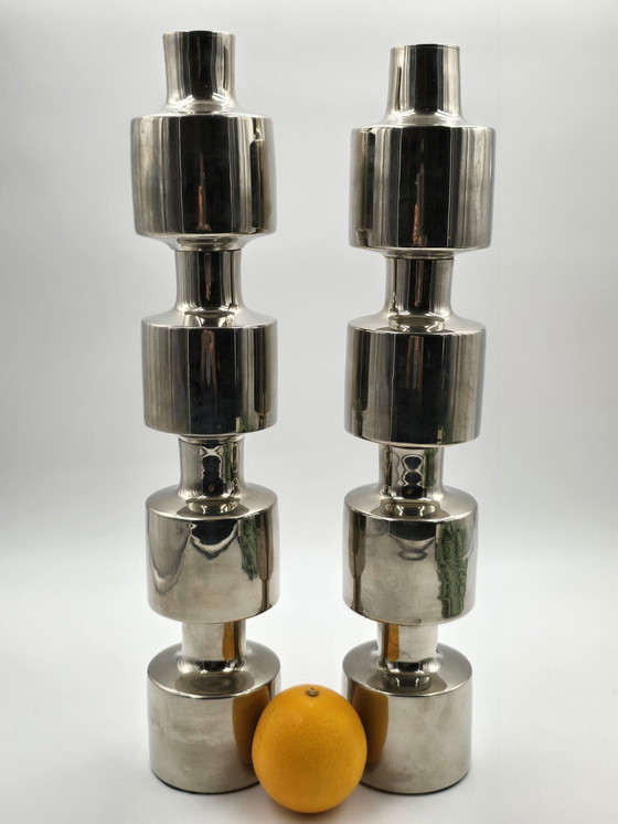 Image 1 of Couple Large Design Stainless Steel Industrial Candlesticks