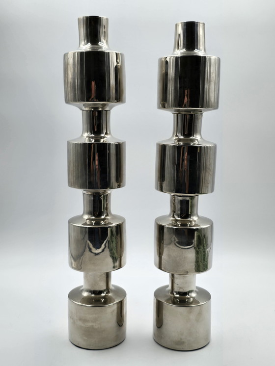 Image 1 of Couple Large Design Stainless Steel Industrial Candlesticks