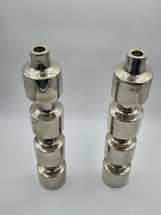 Image 1 of Couple Large Design Stainless Steel Industrial Candlesticks