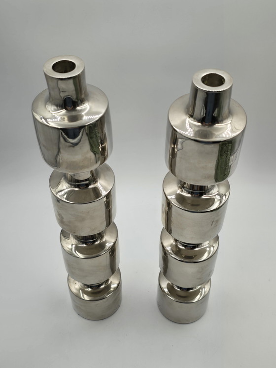 Image 1 of Couple Large Design Stainless Steel Industrial Candlesticks