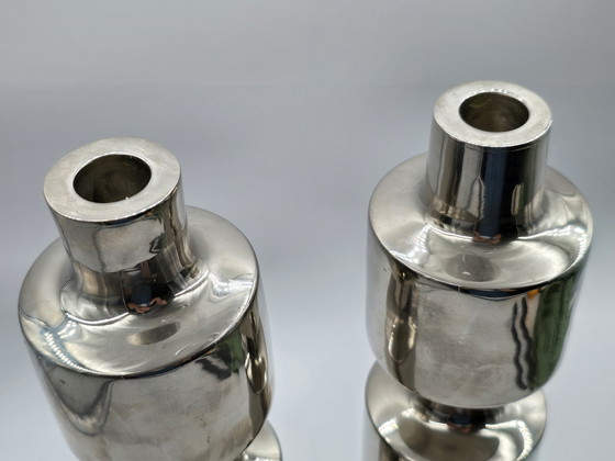 Image 1 of Couple Large Design Stainless Steel Industrial Candlesticks