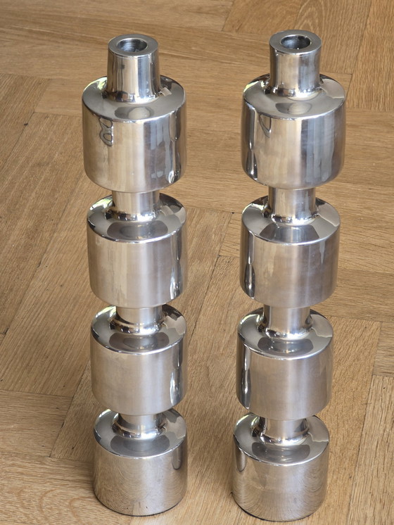 Image 1 of Couple Large Design Stainless Steel Industrial Candlesticks