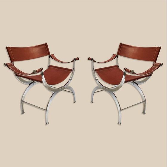 Image 1 of Pair of vintage curules chairs in leather and chromed metal, 1970