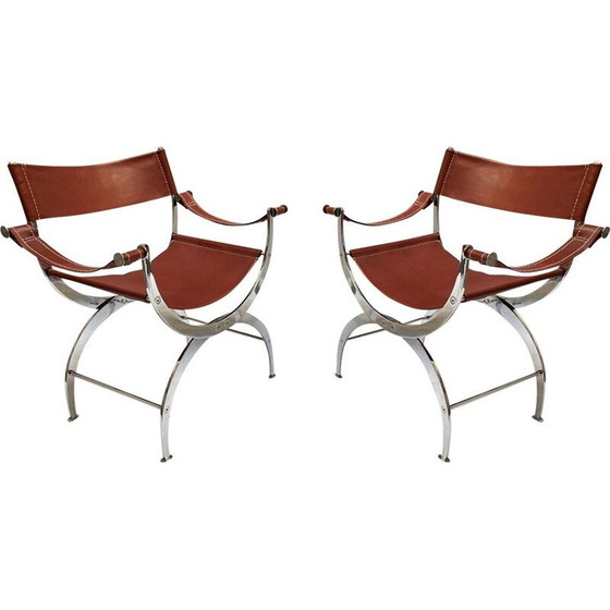 Image 1 of Pair of vintage curules chairs in leather and chromed metal, 1970
