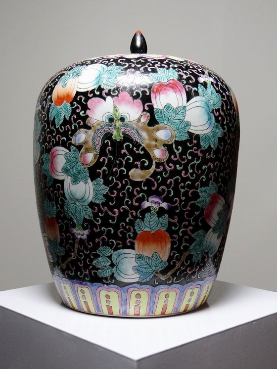 Image 1 of Large Antique Pot, Ginger Pot, Black Enameled Chinese Porcelain