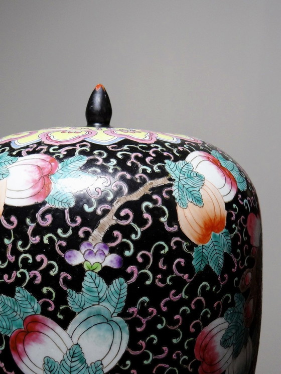 Image 1 of Large Antique Pot, Ginger Pot, Black Enameled Chinese Porcelain