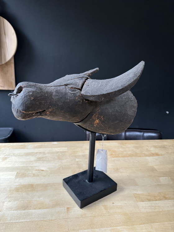 Image 1 of Carved Wooden Buffalo Head On A Metal Stand