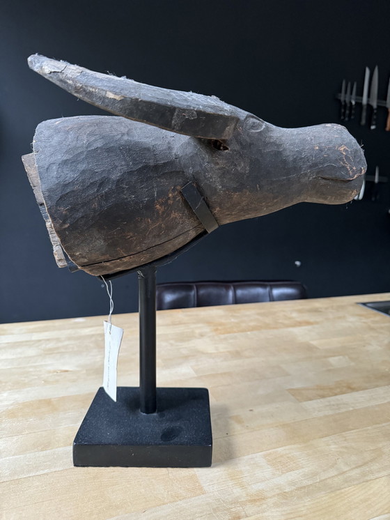 Image 1 of Carved Wooden Buffalo Head On A Metal Stand