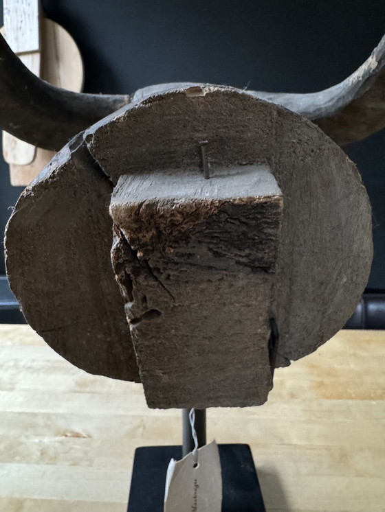 Image 1 of Carved Wooden Buffalo Head On A Metal Stand