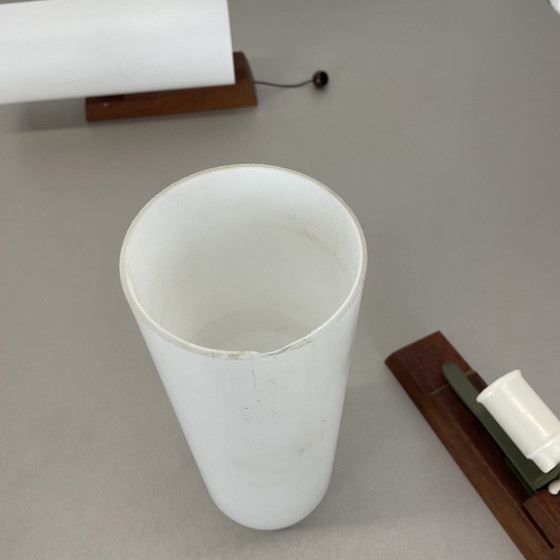 Image 1 of Set Of 2 Minimalist Satin White Glass And Teak Wall Light, Denmark, 1960S