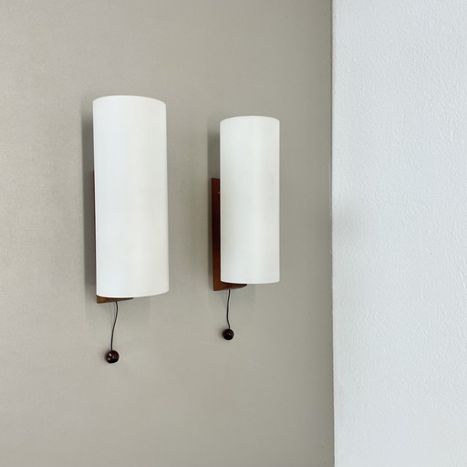 Set Of 2 Minimalist Satin White Glass And Teak Wall Light, Denmark, 1960S