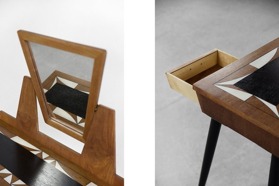 Image 1 of Mid-Century Scandinavian Modern Teak Dressing Table With Mirror And Hand-Painted Tabletop, 1960S