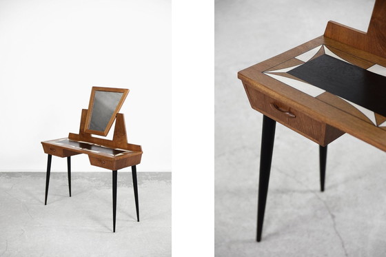 Image 1 of Mid-Century Scandinavian Modern Teak Dressing Table With Mirror And Hand-Painted Tabletop, 1960S