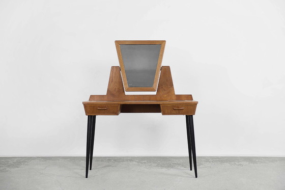 Image 1 of Mid-Century Scandinavian Modern Teak Dressing Table With Mirror And Hand-Painted Tabletop, 1960S