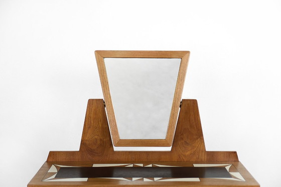 Image 1 of Mid-Century Scandinavian Modern Teak Dressing Table With Mirror And Hand-Painted Tabletop, 1960S