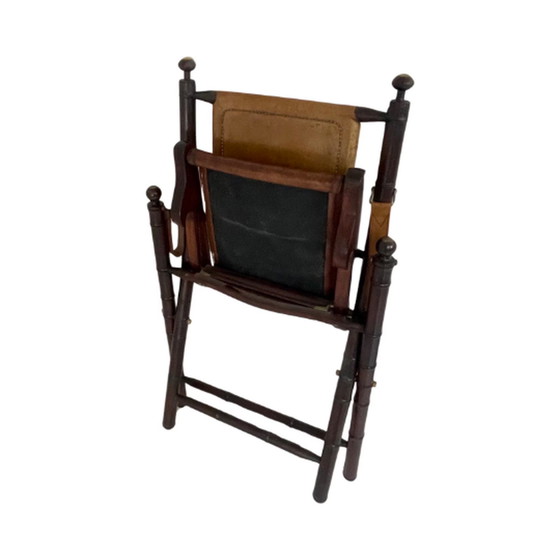 Image 1 of Fauteuil d'officier - bois et cuir - style campagne militaire