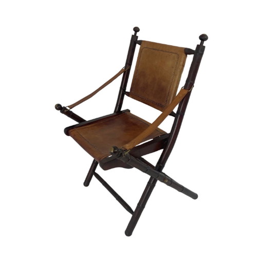 Fauteuil d'officier - bois et cuir - style campagne militaire