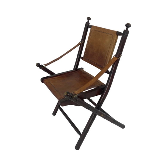 Image 1 of Fauteuil d'officier - bois et cuir - style campagne militaire