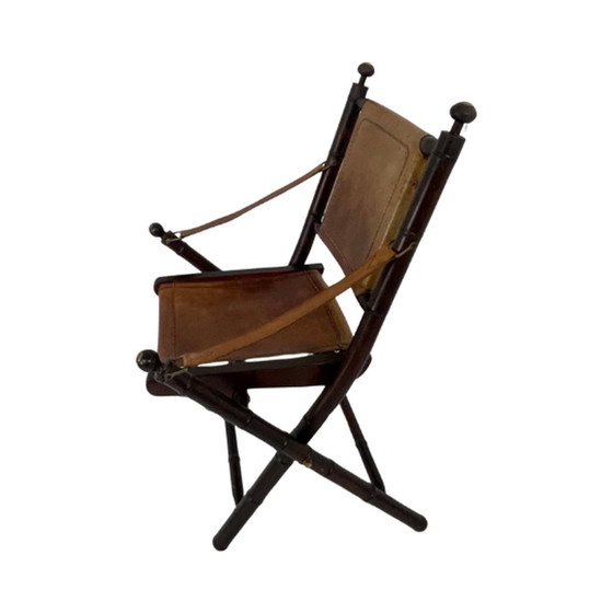 Image 1 of Fauteuil d'officier - bois et cuir - style campagne militaire