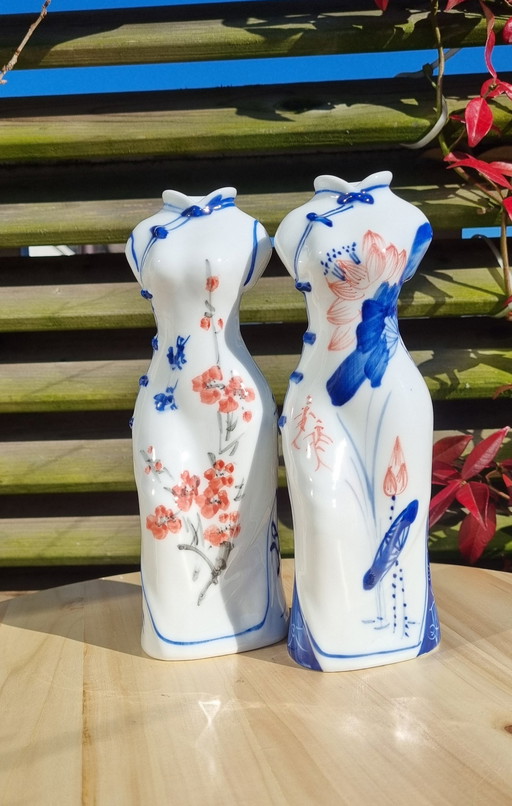 White Porcelain Kimono Dress Shaped Vase Set of 2