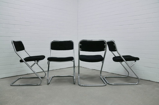 vintage set x4 chrome tube chairs black rib
